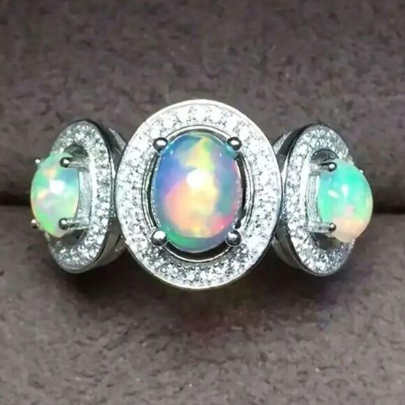 Moonstone Antique Engagement Ring, Three Stone Diamond  Ladies Vintage 3 Moonstone  Ring Size 8